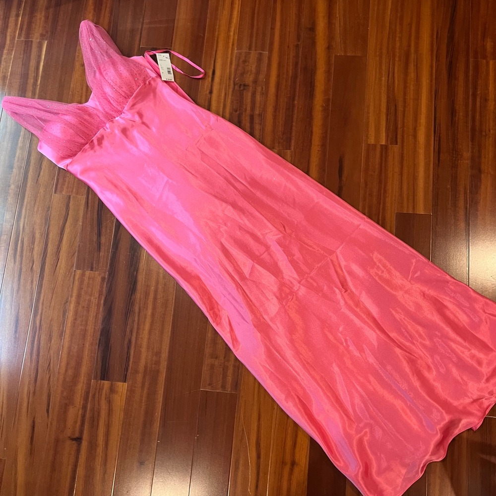 Y2K Pink Dress Gown Barbie Onyx Nite Juniors Fuchsia Satin Ruffle Glitter Size 8